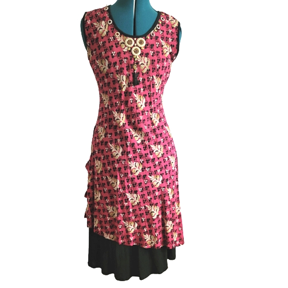 Diyal floral pink black and gold dress size XL with gold detail and tassel